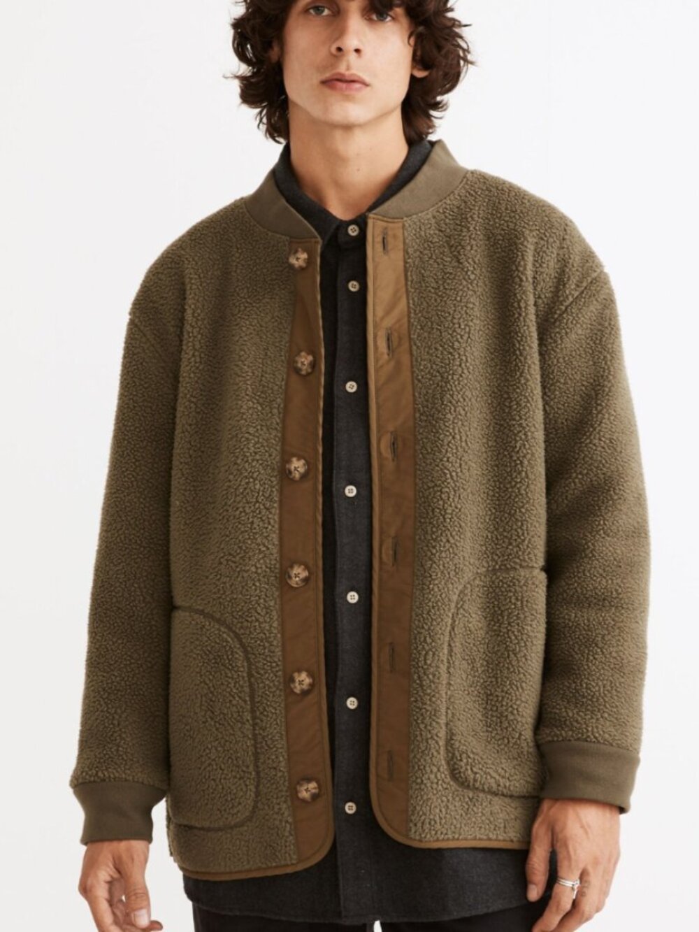 Madewell (Re)sourced Sherpa Fleece Shirt Jacket Green Brown Men’s Small | Button